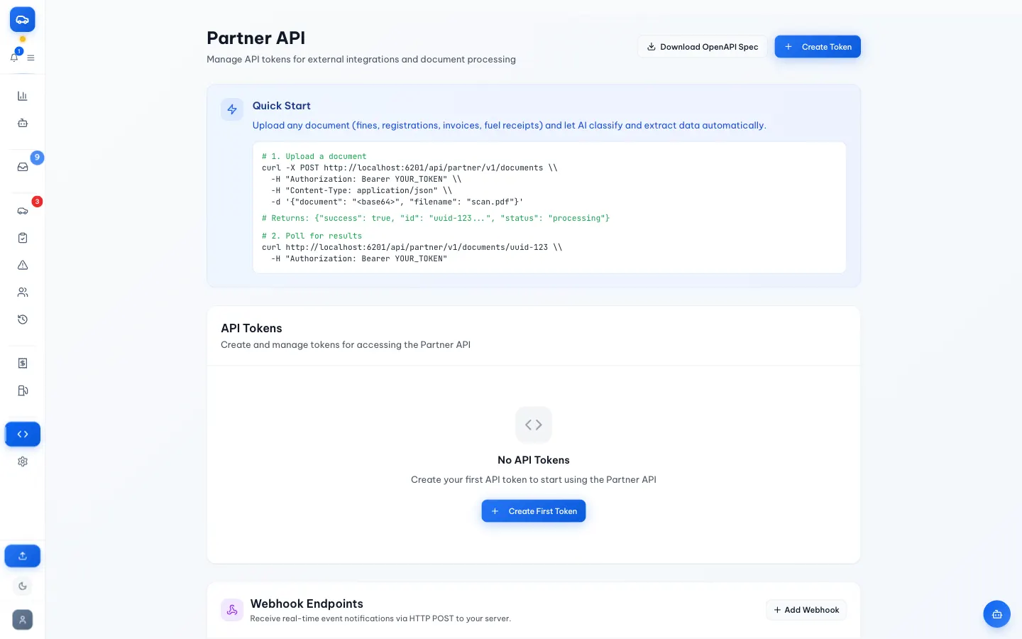 Pagina van de Partner API met snelstart, endpoints en webhooks
